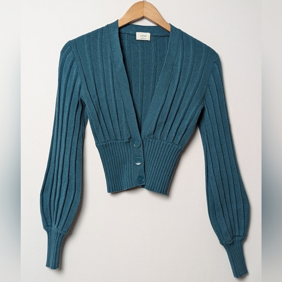 WILFRED Plunge Front Cardigan Wool Sweater Button Up Blue Green XS Aritzia - Picture 7 of 12